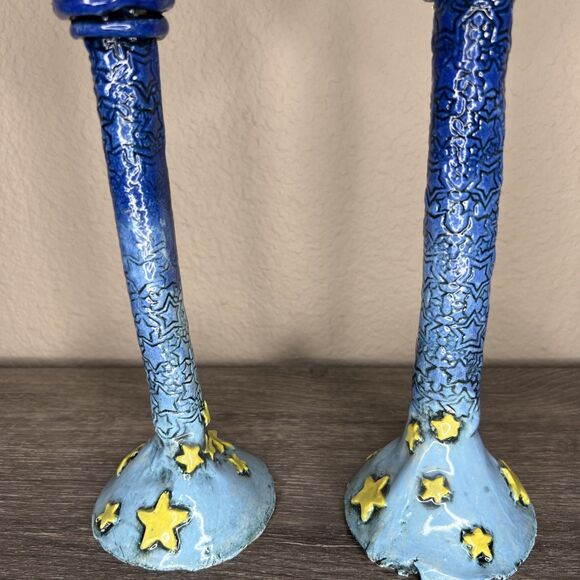Signed Art Pottery Stem Wine Glasses 15"h Hand Painted Boho Unique Shelley Stars - Picture 2 of 5